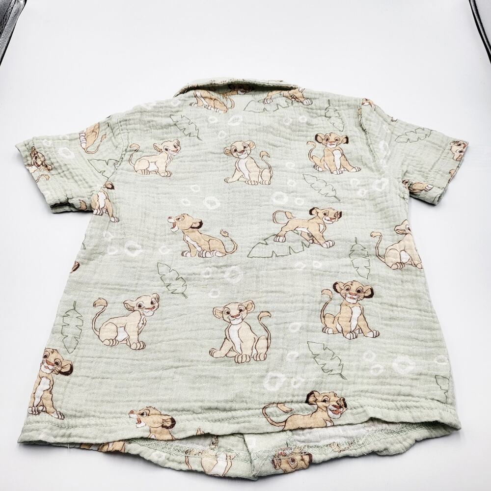 Disney Lion King Simba Green Leaf Print Button Up Gauze Cotton Shirt Boy's Sz 2T